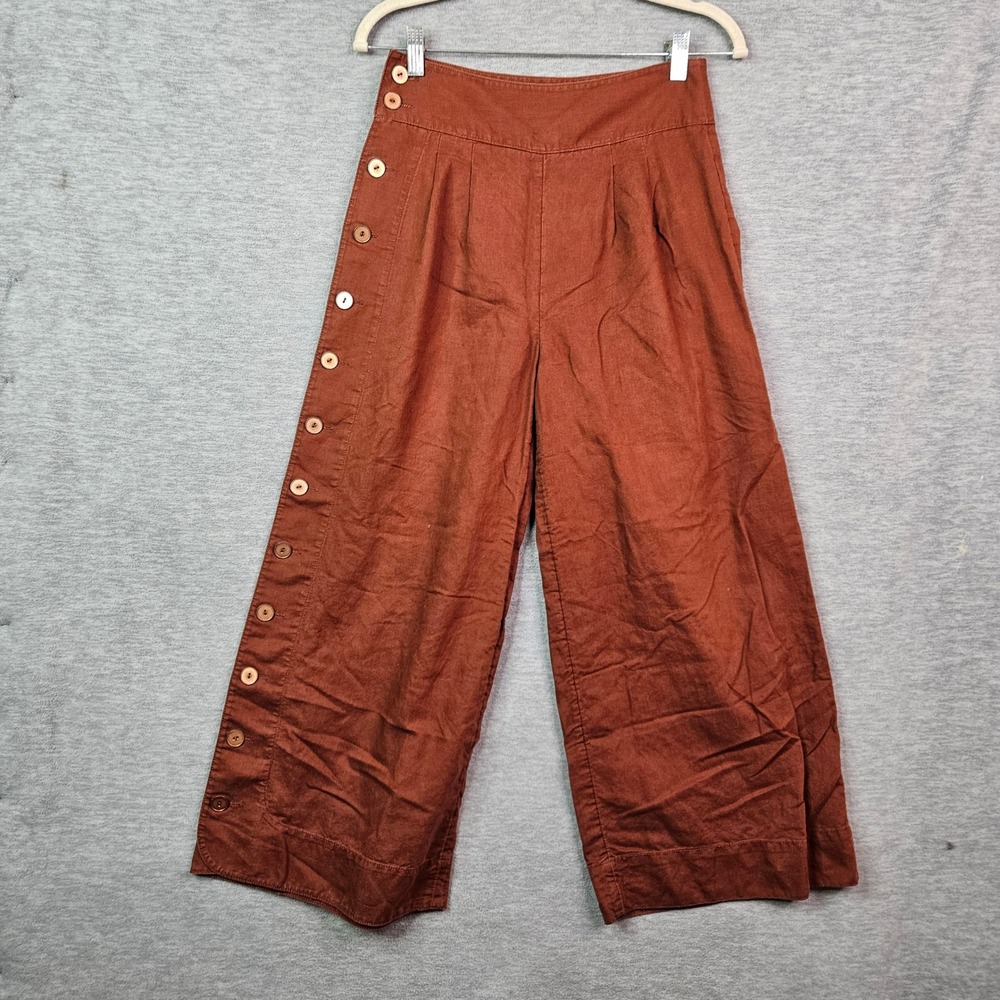 Anthropologie Rust Brown Side Button Wide Leg Crop Pants US 0 High Rise Pleated